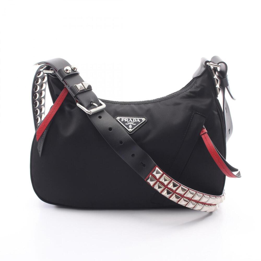 Prada NEW VELA Studded Shoulder Bag/Handbag, Nylon and Leather, Women's, Blac...